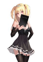 Rule 34 | 1girl, :d, absurdres, amane misa, bare shoulders, black dress, blonde hair, breasts, choker, cleavage, cross, death note, death note (object), detached sleeves, dress, earrings, garter straps, highres, holding, jewelry, kokose, long hair, looking at viewer, medium breasts, necklace, open mouth, red eyes, simple background, smile, solo, thighhighs, two side up, white background