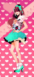 Rule 34 | 1girl, bag, blunt bangs, bow, brown hair, earrings, fingernails, frills, full body, hair bow, hair ornament, hand on own hip, handbag, heart, heart background, high heels, highres, jewelry, lips, long fingernails, looking at viewer, minaki rena, mole, nail polish, one eye closed, original, parted lips, pink background, platform footwear, platform heels, ponytail, puffy sleeves, shirt, shoes, simple background, skirt, socks, solo, standing, stiletto heels, white shirt, white socks, wink