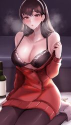 Rule 34 | 1girl, absurdres, alcohol, black hair, blush, bra, breasts, cleavage, dress, drunk, hairband, highres, large breasts, long hair, long sleeves, looking at viewer, red eyes, red sweater, solo, spy x family, sweat, sweater, tommy (kingdukeee), underwear, undressing, yor briar
