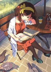 Rule 34 | 1girl, animal, bag, bird, black pantyhose, book, brown eyes, brown hair, casual, chair, closed mouth, coat, collarbone, commentary request, cup, disposable cup, dress, green footwear, hair ribbon, hairband, holding, holding book, hotaru iori, on chair, open book, open clothes, open coat, outdoors, pantyhose, pigeon, reading, red dress, ribbon, school bag, second-party source, shadow, shoes, short sleeves, sitting, solo, suzumiya haruhi, suzumiya haruhi no yuuutsu, table, white coat, yellow hairband, yellow ribbon