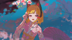 Rule 34 | 1girl, absurdres, animal ear headphones, animal ears, blonde hair, blue archive, blurry, blurry foreground, bow, cherry blossoms, fake animal ears, floral print, hair bow, halo, headphones, highres, iinagi (kashiwa keira), japanese clothes, kimono, long sleeves, momoi (blue archive), obi, open mouth, pink halo, pink kimono, print kimono, red bow, red eyes, sash, short hair, smile, solo, upper body, wide sleeves