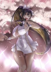 Rule 34 | 1girl, :d, absurdres, black hair, blonde hair, blue eyes, breasts, brooch, cable, cherry blossoms, cleavage cutout, clothing cutout, colored inner hair, covered navel, dark-skinned female, dark skin, dress, fujisaki subaru, goddess of victory: nikke, hair ribbon, high ponytail, highres, holding, holding cable, holding microphone, huge breasts, jewelry, looking at viewer, microphone, multicolored hair, nail polish, noise (cherry blossom stage) (nikke), noise (nikke), official alternate costume, open mouth, pleated dress, ribbon, see-through, see-through sleeves, sideboob, smile, solo, stage lights, standing, teeth, thick thighs, thigh gap, thighs, two-tone hair, upper teeth only, white dress, white nails, white ribbon, wide hips