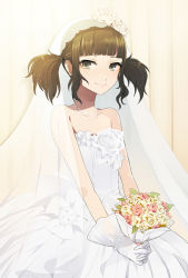 Rule 34 | bad id, bad pixiv id, bare shoulders, bouquet, bracelet, brown hair, dress, flower, gloves, harano, jewelry, necklace, rose, shiraishi yukari, short twintails, smile, solo, tennis no ouji-sama, twintails, veil, wedding dress