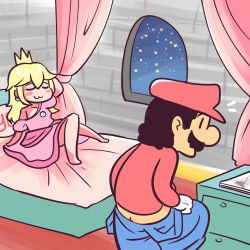 Rule 34 | 1boy, 1girl, 1koma, absurdres, barefoot, bed, bedroom, blonde hair, blue overalls, blush, blush stickers, brooch, butt crack, closed eyes, clothes pull, comic, commentary, crown, curtains, dress, facial hair, gimme2000, hat, highres, indoors, jewelry, long hair, mario, mario (series), meme, mustache, night, nintendo, off shoulder, on bed, overalls, pants, pants pull, pink dress, princess, princess peach, red hat, red shirt, shirt, surprised, undressing, window