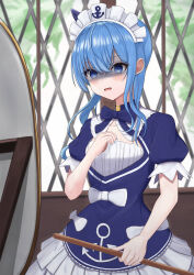 Rule 34 | 1girl, absurdres, alternate costume, anchor print, anchor symbol, blue bow, blue bowtie, blue dress, blue eyes, blue hair, blush, bow, bowtie, commentary request, cosplay, dress, dress bow, enmaided, frilled dress, frills, gloom (expression), highres, hololive, hoshimachi suisei, looking at mirror, maid, maid headdress, medium hair, minato aqua, minato aqua (1st costume), minato aqua (cosplay), mirror, nail polish, open mouth, puffy short sleeves, puffy sleeves, shizukami chiro, short dress, short sleeves, side ponytail, sidelocks, solo, star (symbol), star in eye, symbol in eye, virtual youtuber, wavy mouth, white bow