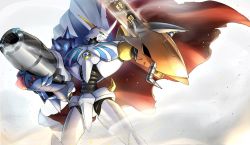 Rule 34 | armor, blue eyes, cape, claws, commentary, digimon, digimon (creature), full armor, green eyes, hawe king, helmet, holding, holding sword, holding weapon, horns, monster, no humans, omegamon, solo, spikes, sword, weapon