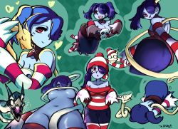 Rule 34 | 1girl, :o, alternate costume, angry, ass, back, bare shoulders, blue hair, blue skin, breasts, cleavage, colored skin, covering privates, detached collar, detached sleeves, dress, hair over one eye, half-closed eyes, hanya, heart, highres, leviathan (skullgirls), long sleeves, looking at viewer, looking back, navel, off shoulder, pout, red eyes, shirt, short twintails, side ponytail, skull, skullgirls, sleeves past wrists, squigly (skullgirls), stitched mouth, stitches, striped clothes, striped shirt, striped sleeves, thighhighs, twintails, underboob, wide-eyed, zombie