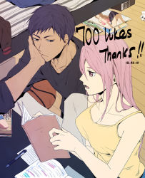 Rule 34 | 1boy, 1girl, aomine daiki, ball, bare shoulders, basketball, basketball (object), bed, blue eyes, blue hair, book, breasts, camisole, chinese commentary, cleavage, collarbone, dark-skinned male, dark skin, desk, head rest, holding, holding book, indoors, kuroko no basuke, large breasts, long hair, magazine (object), momoi satsuki, pants, pink eyes, pink hair, pornography, reading, shirt, short hair, sitting, spaghetti strap, xuan zhi yue ying, yellow camisole