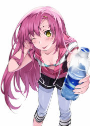 Rule 34 | 1girl, :p, adjusting hair, bottle, bra, breasts, capri pants, cleavage, decchi oyabun, downblouse, drink, foreshortening, hairband, long hair, one eye closed, original, pants, pink hair, small breasts, solo, tongue, tongue out, underwear, water bottle, wink, yellow eyes