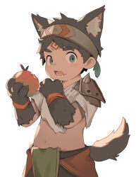 Rule 34 | 1boy, acnhiti, animal ears, animal hands, apple, blue eyes, brown fur, brown hair, child, commentary request, extra ears, facial tattoo, fangs, food, fruit, highres, holding, holding food, kemonomimi mode, male focus, midriff, navel, open mouth, original, sharp teeth, solo, spikes, tail, tattoo, teeth, upper body, wolf boy, wolf ears, wolf tail