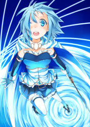 Rule 34 | 10s, 1girl, armband, bad id, bad pixiv id, belt, blood, blue blood, blue eyes, blue hair, cape, collarbone, colored blood, gloves, magical girl, mahou shoujo madoka magica, mahou shoujo madoka magica (anime), matching hair/eyes, midriff, miki sayaka, open mouth, short hair, solo, soudayu, soul gem, sword, thighhighs, weapon, zettai ryouiki