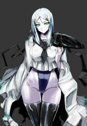 Rule 34 | 10s, 1girl, abyssal ship, black thighhighs, breasts, curvy, glowing, glowing eyes, green eyes, highleg, highleg swimsuit, ishimiso (ishimura), kantai collection, large breasts, long hair, looking at viewer, midriff, pale skin, school uniform, serafuku, solo, swimsuit, ta-class battleship, thighhighs, white hair, wide hips