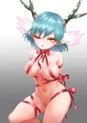 Rule 34 | 1girl, antlers, aqua hair, artoise, breasts, c (control), fur, highres, horns, looking at viewer, no panties, open mouth, pointy ears, q (control), short hair, simple background, solo, yellow eyes