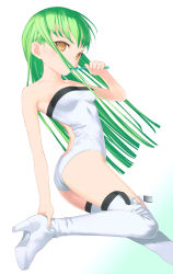 Rule 34 | 00s, ass, bare shoulders, boots, c.c., code geass, green hair, high heels, highres, shoes, solo, swimsuit, thighhighs, toothbrush, uni (plastic girl)