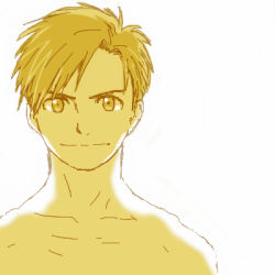 Rule 34 | 1boy, alphonse elric, bare shoulders, blonde hair, close-up, fullmetal alchemist, looking at viewer, lowres, male focus, mattsu, shaded face, topless male, short hair, simple background, smile, upper body, white background, yellow eyes