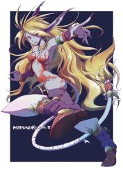 Rule 34 | 1girl, animal ears, armpits, blonde hair, blue skin, breasts, breath of fire, breath of fire ii, cat ears, cat tail, colored skin, dated, earrings, full body, highres, jewelry, long hair, looking at viewer, maruno, medium breasts, open mouth, pointy ears, purple skin, rinpoo chuan, smile, solo, tail