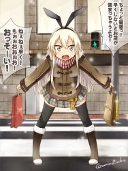 Rule 34 | 10s, 1girl, alternate costume, bag, blonde hair, boots, brown footwear, coat, commentary request, crosswalk, duffel coat, fur boots, fur trim, grey eyes, hair ribbon, kantai collection, knee boots, long hair, looking at viewer, open mouth, outdoors, ribbon, scarf, shimakaze (kancolle), shopping bag, skirt, solo, thighhighs, translation request, twitter username, umino mokuzu (shizumisou)
