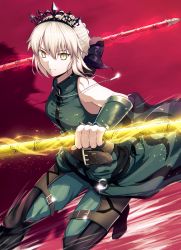 Rule 34 | 1girl, artoria pendragon (all), artoria pendragon (alter swimsuit rider) (fate), artoria pendragon (alter swimsuit rider) (third ascension) (fate), artoria pendragon (fate), bare shoulders, belt, black bow, blonde hair, bow, braid, breasts, cosplay, diarmuid ua duibhne (lancer) (fate), diarmuid ua duibhne (lancer) (fate) (cosplay), elbow gloves, fal (fal-se-0), fate/grand order, fate/zero, fate (series), french braid, gae buidhe (fate), gae dearg (fate), gloves, green gloves, green pants, grin, hair bow, jewelry, medium breasts, necklace, pants, polearm, red background, saber alter, slit pupils, smile, spear, tiara, weapon, yellow eyes