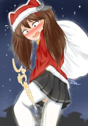 Rule 34 | 1girl, alternate costume, bag, between legs, black skirt, blush, bow, brown eyes, brown hair, christmas, constricted pupils, embarrassed, female focus, flying sweatdrops, from behind, fur trim, hair ornament, hand between legs, hat, highres, kantai collection, long sleeves, looking at viewer, looking back, looking down, matching hair/eyes, nabuki32, night, night sky, open mouth, outdoors, pantyhose, peeing, peeing self, pleated skirt, red hat, red shirt, ryuujou (kancolle), santa costume, santa hat, scrunchie, shirt, skirt, sky, solo, standing, star (sky), starry sky, steam, text focus, translation request, trembling, twintails, wet, wet clothes, white pantyhose, yellow bow