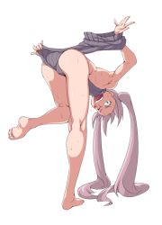 Rule 34 | 1girl, ass, bare legs, barefoot, facial mark, full body, heart, heart facial mark, leg up, light purple hair, looking at viewer, meme attire, naked sweater, one eye closed, open mouth, original, ouka (oukakaka), simple background, solo, standing, standing on one leg, sweat, sweater, twintails, virgin killer sweater, wardrobe error, white background