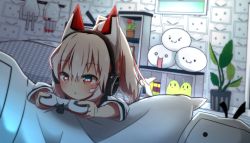 Rule 34 | 1girl, :3, :o, animal ears, ayanami (azur lane), ayanami (niconico) (azur lane), azur lane, barefoot, blush, cannon, closed mouth, controller, eye reflection, flower, game controller, hair between eyes, headphones, high ponytail, highres, holding, idaten93, indoors, light brown hair, long hair, looking away, lying, niconico, on stomach, parted lips, pillow, plant, playing games, ponytail, potted plant, red eyes, red flower, reflection, shirt, shoboon, solo, terebi-chan, turret, v-shaped eyebrows, white shirt