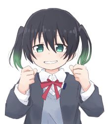 Rule 34 | 1girl, black hair, black jacket, blazer, bow, bowtie, clenched hands, commentary request, dot nose, gradient hair, green eyes, green hair, grey vest, grin, hands up, highres, jacket, light blush, long sleeves, looking at viewer, love live!, love live! nijigasaki high school idol club, medium hair, multicolored hair, red bow, red bowtie, shirt, smile, solo, takasaki yu, tonpon, twintails, upper body, vest, white background, white shirt, wing collar