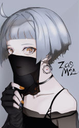 Rule 34 | 1girl, black dress, black gloves, black nails, blue background, blue hair, blue nails, character name, collarbone, covered mouth, dress, earrings, fingerless gloves, girls&#039; frontline, gloves, grey eyes, hand up, highres, jewelry, looking at viewer, multicolored nails, nail polish, open mouth, orange nails, saiun sigma, short hair, solo focus, zas m21 (girls&#039; frontline)
