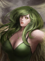 Rule 34 | 1girl, bad deviantart id, bad id, breasts, cleavage, close-up, donquixote pirates, feathered wings, feathers, green hair, harpy, jewelry, large breasts, lilyzou, lipstick, long hair, makeup, monet (one piece), monster girl, necklace, one piece, pendant, punk hazard, realistic, signature, solo, tank top, winged arms, wings, yellow eyes