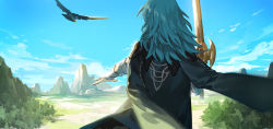 Rule 34 | 1girl, bird, blue hair, blue sky, byleth (female) (fire emblem), byleth (fire emblem), cloud, day, fire emblem, fire emblem: three houses, from behind, hakou (barasensou), highres, holding, holding sword, holding weapon, mountain, nintendo, outdoors, sky, solo, sword, tree, weapon