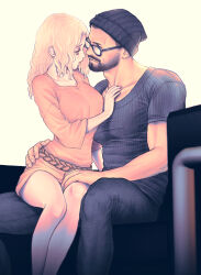 Rule 34 | 1boy, 1girl, beanie, beard, belt, black headwear, black pants, blonde hair, breasts, brown eyes, closed mouth, collarbone, couch, dress, face-to-face, facial hair, feet out of frame, glasses, hand on another&#039;s chest, hand on another&#039;s hip, hand on another&#039;s thigh, hand up, hat, hetero, highres, kiske, large breasts, long hair, looking at another, looking down, mustache, orange dress, original, pants, parted bangs, profile, ribbed shirt, shirt, short dress, short sleeves, sideburns, sitting, sitting on lap, sitting on person, smile, tight clothes, tight shirt, toned, toned male, white background