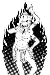 Rule 34 | 1girl, :d, armlet, armor, ashuraman, breast hold, breasts, cleavage, cleavage cutout, clothing cutout, crossed arms, extra arms, faulds, fugetac, gender request, genderswap, greyscale, groin, hand on own hip, helmet, highres, kinnikuman, large breasts, midriff, monochrome, navel, open mouth, screentones, smile, solo, standing, teeth