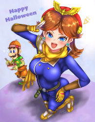 Rule 34 | 1boy, 1girl, absurdres, arms (game), blue eyes, breasts, brown hair, captain falcon, captain falcon (cosplay), cosplay, crossdressing, eating, f-zero, facial hair, gloves, grin, hat, highres, looking at viewer, luigi, mario (series), min min (arms), min min (arms) (cosplay), mustache, nintendo, princess daisy, scarf, smile, super mario bros. 1, super mario land, super smash bros., thighs, tomboy