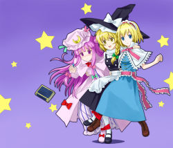 Rule 34 | 3girls, alice margatroid, blonde hair, blue eyes, blush, book, bow, braid, grabbing another&#039;s breast, breasts, female focus, grabbing, hairband, hat, kirisame marisa, multiple girls, patchouli knowledge, purple eyes, purple hair, star (symbol), touhou, tucana, witch, witch hat, yellow eyes