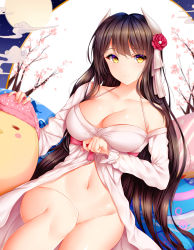 Rule 34 | 1girl, azur lane, black hair, blush, breasts, cherry blossoms, cleavage, closed mouth, collarbone, dress, flower, hair flower, hair ornament, hair ribbon, hiei (azur lane), hiei (moonlit cruise) (azur lane), highres, horns, large breasts, long hair, long sleeves, looking at viewer, looking to the side, navel, no panties, ribbon, sitting, smile, solo, very long hair, white dress, white ribbon, wsman, yellow eyes