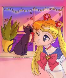 Rule 34 | 1girl, bishoujo senshi sailor moon, building, cat, closed eyes, crescent, earrings, heart, jewelry, licking, licking another&#039;s face, luna (sailor moon), non-web source, one eye closed, plant, potted plant, sailor moon, sailor senshi uniform, saliva, saliva trail, skyscraper, sunset, tiara, tsukino usagi, wet face, window