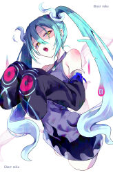 Rule 34 | 1girl, absurdres, aqua hair, bare shoulders, creatures (company), detached sleeves, game freak, ghost, ghost miku (project voltage), glitch, gradient hair, grey shirt, hair between eyes, hatsune miku, highres, long hair, looking at viewer, multicolored hair, nintendo, open mouth, pokemon, project voltage, see-through, see-through skirt, shikuwata, shirt, skirt, sleeves past fingers, sleeves past wrists, twintails, very long hair, vocaloid, will-o&#039;-the-wisp (mythology), yellow eyes