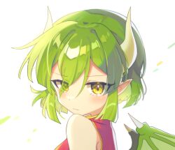 Rule 34 | 1girl, absurdres, blush, brown eyes, character name, china dress, chinese clothes, closed mouth, draco centauros, dragon girl, dragon horns, dragon wings, dress, green hair, highres, horns, looking at viewer, offbeat, pointy ears, puyopuyo, red dress, short hair, sleeveless, sleeveless dress, solo, upper body, wings
