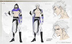 Rule 34 | 1boy, abs, asymmetrical sleeves, bandaid, bandaid on chest, bare pectorals, belt, black belt, black footwear, black gloves, black hood, black jacket, black mask, black sleeves, boots, bracer, cape, character sheet, chinese commentary, chinese text, clenched hand, closed mouth, collared jacket, commentary, commentary request, cropped jacket, cropped shirt, english commentary, fingerless gloves, from side, frown, full body, gloves, gradient cape, grey eyes, hair between eyes, highres, jacket, kami off record, knee boots, looking at viewer, male focus, map background, mask, mephisto (kami off record), mismatched sleeves, mixed-language commentary, mouth mask, multiple views, nipples, open clothes, open jacket, original, partially fingerless gloves, pectorals, purple cape, purple scarf, scar, scar on neck, scarf, sheath, short hair, short sleeves, single bracer, single fingerless glove, thighhighs, white background, white cape, white hair, white thighhighs