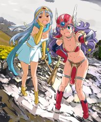 Rule 34 | armor, bikini armor, blue hair, boots, breasts, circlet, cleavage, commentary request, dragon quest, dragon quest iii, dress, elbow gloves, gloves, green eyes, groin, helmet, imaichi, large breasts, long hair, looking at viewer, multiple girls, navel, open mouth, purple hair, red armor, red eyes, sage (dq3), smile, soldier (dq3), staff, sword, weapon, winged helmet