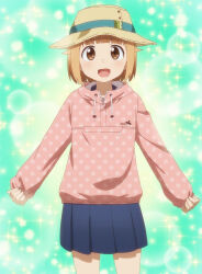 Rule 34 | 1girl, blush, brown eyes, brown hair, dot nose, happy, hat, highres, houkago teibou nisshi, jacket, open mouth, school uniform, skirt, solo, sparkle, sparkle background, standing, stitched, third-party edit, tsurugi hina