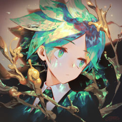 Rule 34 | androgynous, closed mouth, cowlick, gender request, green eyes, green hair, houseki no kuni, jofang, looking to the side, necktie, phosphophyllite, short hair, solo