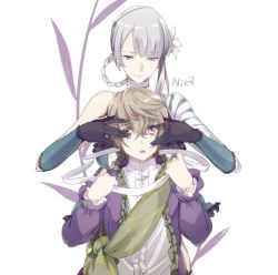 Rule 34 | 1boy, 1girl, bandaged arm, bandages, braid, breasts, closed mouth, echo (circa), emil (nier), flower, gloves, hair flower, hair ornament, kaine (nier), looking at viewer, medium breasts, nier, nier (series), open mouth, short hair, simple background, white background, white hair