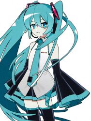 Rule 34 | 1girl, aqua eyes, aqua hair, aqua necktie, bare shoulders, black skirt, black sleeves, black thighhighs, breasts, closed mouth, commentary request, cowboy shot, detached sleeves, glaze artifacts, grey background, grey shirt, hair between eyes, hair ornament, hatsune miku, headset, highres, long bangs, long hair, long sleeves, looking at viewer, machigami yoh, miniskirt, necktie, shirt, simple background, skirt, sleeveless, sleeveless shirt, sleeves past fingers, sleeves past wrists, small breasts, solo, standing, thighhighs, twintails, very long hair, vocaloid, wide sleeves, zettai ryouiki