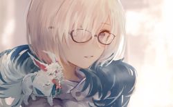 Rule 34 | 1girl, animal, casual, fate/grand order, fate (series), fou (fate), glasses, hair over one eye, kouzuki kei, looking at viewer, mash kyrielight