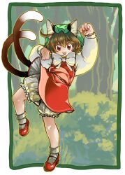 Rule 34 | 1girl, animal ear piercing, animal ears, arm up, bloomers, bobby socks, border, bow, bowtie, brown hair, cat ears, cat tail, chen, commentary request, earrings, fangs, fingernails, full body, green hat, hair between eyes, hat, jewelry, leg up, long sleeves, looking at viewer, mary janes, mob cap, multiple tails, nail polish, nekomata, outline, outside border, paw pose, petite, puffy long sleeves, puffy sleeves, raino, red eyes, red nails, red skirt, red vest, sharp fingernails, shoes, short hair, single earring, skirt, skirt set, socks, solo, standing, standing on one leg, tail, tongue, tongue out, touhou, two tails, underwear, v-shaped eyebrows, vest, white border, white bow, white bowtie