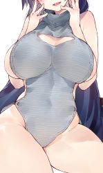 Rule 34 | 1girl, absurdres, alternate costume, bare shoulders, blush, breasts, cleavage cutout, clothing cutout, commentary request, covered navel, cowboy shot, curvy, fate/grand order, fate (series), hands on own cheeks, hands on own face, highres, huge breasts, kou mashiro, leotard, long hair, minamoto no raikou (fate), open mouth, out of frame, purple hair, sitting, solo, striped clothes, striped leotard, thick thighs, thighs, very long hair