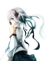 Rule 34 | 1girl, aqua hair, bad id, bad pixiv id, detached sleeves, hatsune miku, highres, looking back, simple background, solo, unimon e, vocaloid, white background