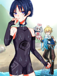 1girl 2boys aether_(genshin_impact) ahoge arm_at_side bare_shoulders black_bodysuit black_bridal_gauntlets black_eyes black_pants blonde_hair blue_hat blunt_ends blush bodysuit bridal_gauntlets bright_pupils closed_eyes contrapposto covered_collarbone crotch curled_fingers diamond_hair_ornament eyeliner eyeshadow fingernails floating flying_sweatdrops genshin_impact gnsn_tera gold halo hand_up hat highres holding holding_hat holding_net holding_unworn_clothes japanese_clothes jingasa kimono levitation light_blush long_hair long_sleeves looking_at_another looking_at_viewer low-braided_long_hair low-tied_long_hair lower_teeth_only makeup mandarin_collar mechanical_halo midair multiple_boys open_mouth own_hands_together paimon_(genshin_impact) palms_together pants purple_eyes purple_hair red_eyeliner red_eyeshadow sanpaku scaramouche_(genshin_impact) shore short_hair short_hair_with_long_locks sidelocks single_thighhigh teeth thighhighs unworn_clothes unworn_hat unworn_headwear unworn_kimono wanderer_(genshin_impact) wet white_hair white_kimono white_pupils white_romper white_sleeves white_thighhighs yellow_halo