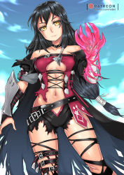 Rule 34 | 1girl, bandages, bandaged arm, bandages, belt, black choker, black hair, breasts, choker, claws, collarbone, female focus, giovanni zaccaria, highres, long hair, looking at viewer, medium breasts, navel, solo, tales of (series), tales of berseria, torn clothes, underboob, velvet crowe, very long hair, yellow eyes