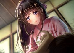 Rule 34 | 1boy, 1girl, black hair, blurry, blurry foreground, blush, bow, brown hair, ceiling, floral print, from below, hair bow, hetero, indoors, izumi (stardustalone), japanese clothes, kimono, long hair, looking at another, pink bow, pink kimono, purple eyes, renri no chigiri wo kimi to shiru, smile, striped, striped bow, waking up